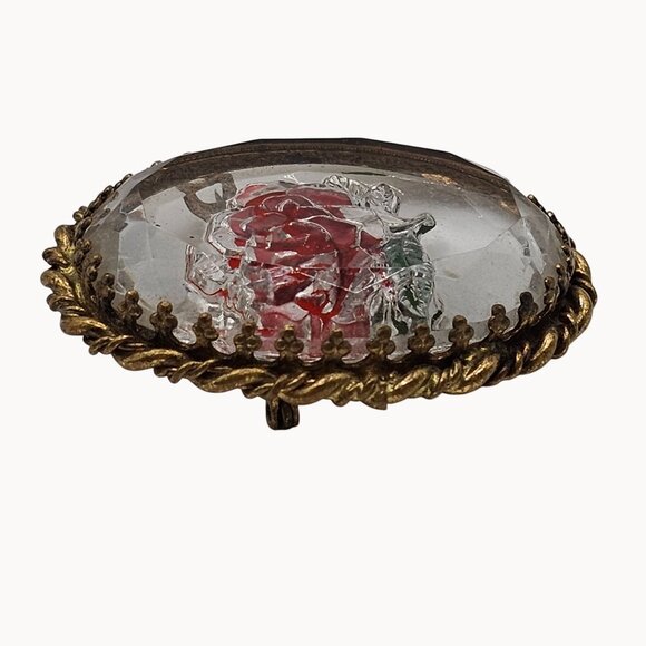 Vintage Gold-Toned Frame Clear Glass Red Handpainted Rose Brooch Fashion Jewelry - Picture 5 of 16